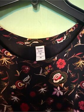 Old Navy Luxe Black Floral Shift Dress with Red and Green Embroidery